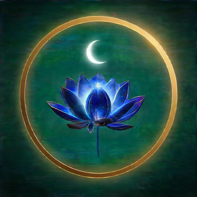 Sathguru emblem — blue lotus under a crescent moon within a golden ring